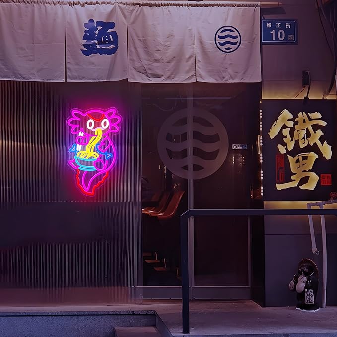 Axolotl Ramen Neon Sign for Wall Decor Dimmable Axolotl Eating Noodles LED Neon Light Cut Japanese Neon Sign Anime Neon Signs for Japan Restaurant, Home Wall Art and Kitchen Decor(15.7 * 9.7inch)-Ruum Studio Home