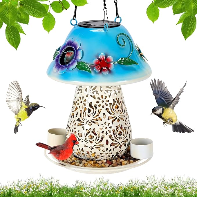 Mushroom Solar Bird Feeders for Outdoors Hanging Metal Wild Bird Feeder Garden Lantern with S Hook for Garden Decoration Blue-Ruum Studio Home