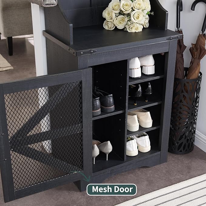 JXQTLINGMU 23" Farmhouse Hall Tree with Shoe Storage, Entryway Bench with 6 Cubbies, 5 Hooks & Barn Doors, Mudroom Coat Rack Cabinet, Black-Ruum Studio Home