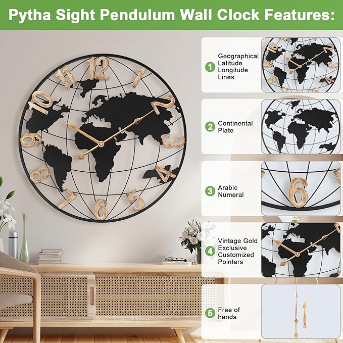 20 Inch Large Wall Clock for Living Room Decor,Big Modern Decorative Silent Metal World Map Wall Clock with Vintage Gold Arabic Numeral for Office,Living Room,Kitchen,Dining Room-Ruum Studio Home