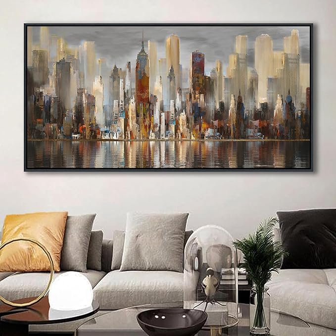 Abstract Brown New York City canvas Wall Art Framed Large Wall Art for Living Room Modern Paintings for Bedroom Cityscape New York Wall Decor Artwork Wall Pictures for Office and Bedroom 24×48in-Ruum Studio Home