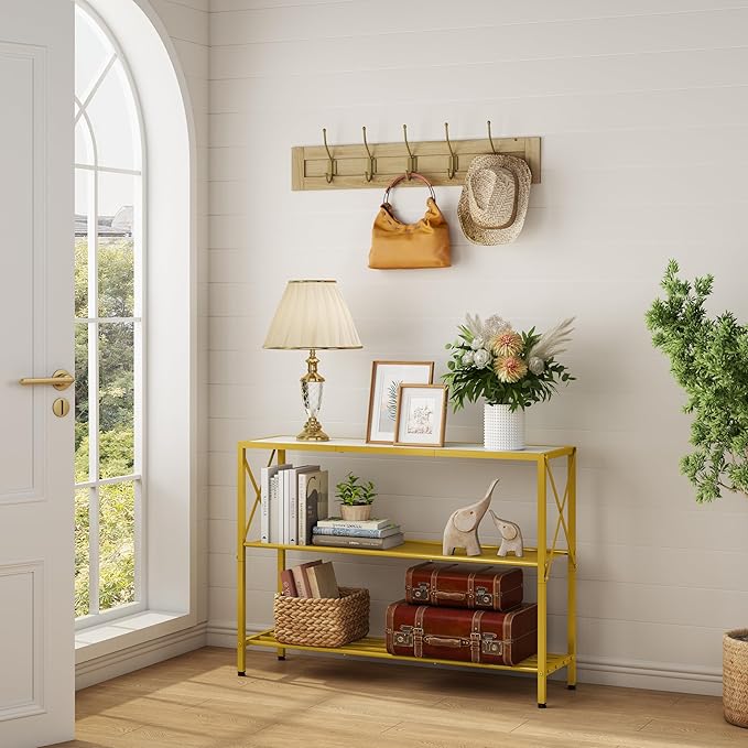 Hoctieon Gold Console Table, 3 Tier Entryway Table, Hallway Table, Narrow Sofa Table with Shelves, Entrance Table for Entryway, Gold and White-Ruum Studio Home