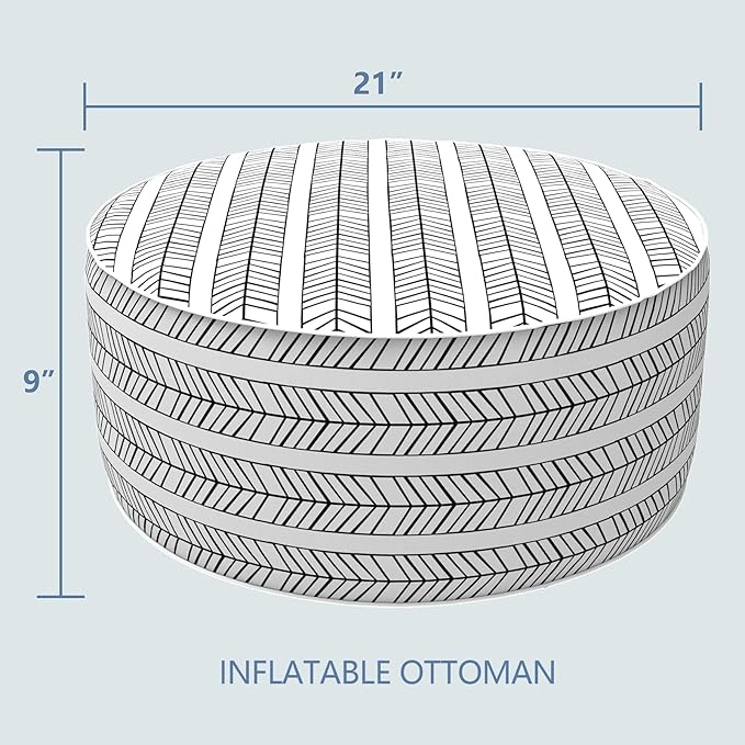 LVTXIII Outdoor/Indoor Inflatable Ottoman, Patio Footrest Stool, Portable Round Ottoman for Patio Garden, Camping or Home, Herringbone Black White-Ruum Studio Home