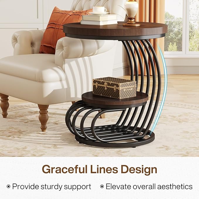 Tribesigns Round End Side Table: Side Table with 2 Tiers Storage Shelves, Vintage End Table for Living Room, Small Bedside Table Accent Table with Arc-Shaped Frame, Rustic Brown-Ruum Studio Home