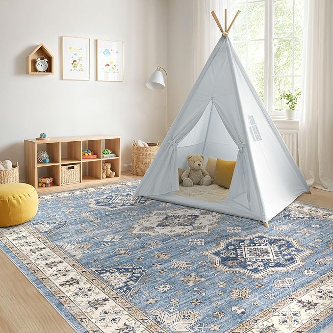 Washable Area Rugs for Living Room - 6x9 Neutral Vintage Distressed Floral Farmhouse Boho Large Soft Floor Rug Indoor Non Slip Carpet for Living Room Bedroom Dining Room Office - Blue-Ruum Studio Home