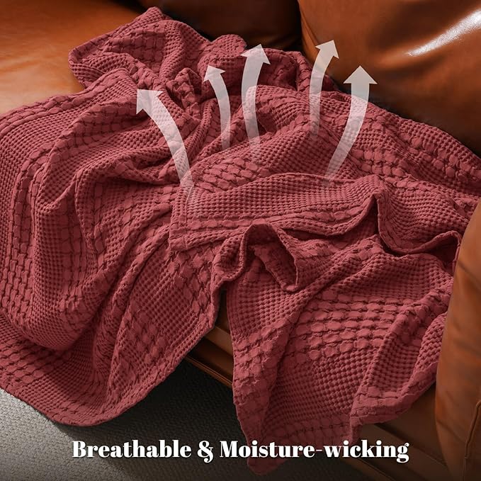 PHF 100% Cotton Waffle Weave Blanket Twin Size, Soft Lightweight Breathable Cozy Summer Blankets for Bed, Luxury Aesthetic Woven Bedding for Home Decor, 66"x90", Wine Red-Ruum Studio Home