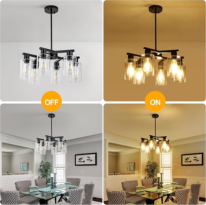 6-Light Black Modern Farmhouse Chandelier for Dining Room Ceiling Light Fixture with Clear Glass Shades, Adjustable Hanging Industrial Pendant Lighting for Living Room Kitchen Island Bedroom Entryway-Ruum Studio Home