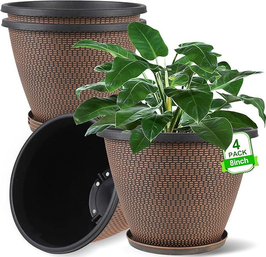 4 Pack 8 inch Plant Pot, Plastic Pots for Plants Indoor, Round Planters for Outdoor Plants with Drainage Holes & Trays, Decorative Flower Pots Garden Containers Sets for Houseplants (Black Copper)-Ruum Studio Home