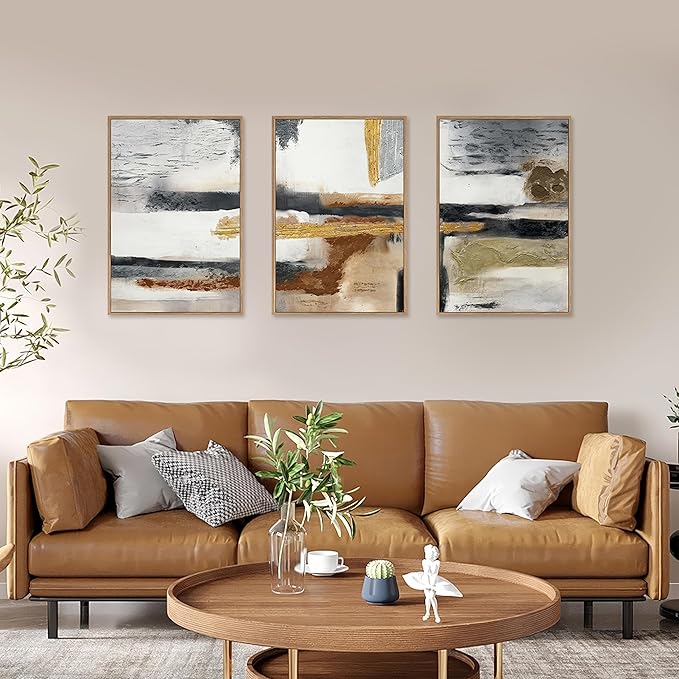Modern Abstract Framed Canvas Wall Art Set, Neutral Textured Wall Decor, Boho Minimalist Gold and Gray Wall Painting for Living Room, Bedroom, Dining Room, Office - 16" x24" x3-Ruum Studio Home