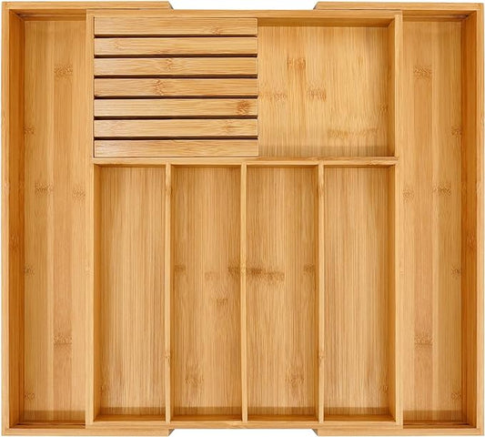 VaeFae Bamboo Silverware Drawer Organizer Kitchen, Expandable Utensil Organizer with Knife Block, Cutlery Tray with Divider, Multifunctional Wooden Drawer Organizer-Ruum Studio Home