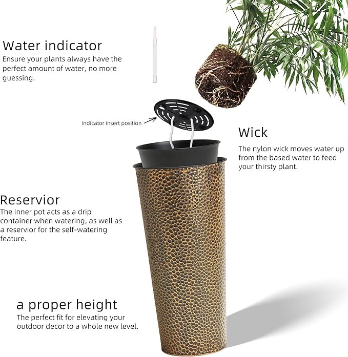 KOL 28" H. Tall Metal Cone Planters with Inner Pots 2-Pack, Bronze Hand-Hammered Large Decor Planter for Deck, Patio, Porch - Handcrafted Flower Pot - with Water Level Indicator - Indoor Outdoor Use-Ruum Studio Home