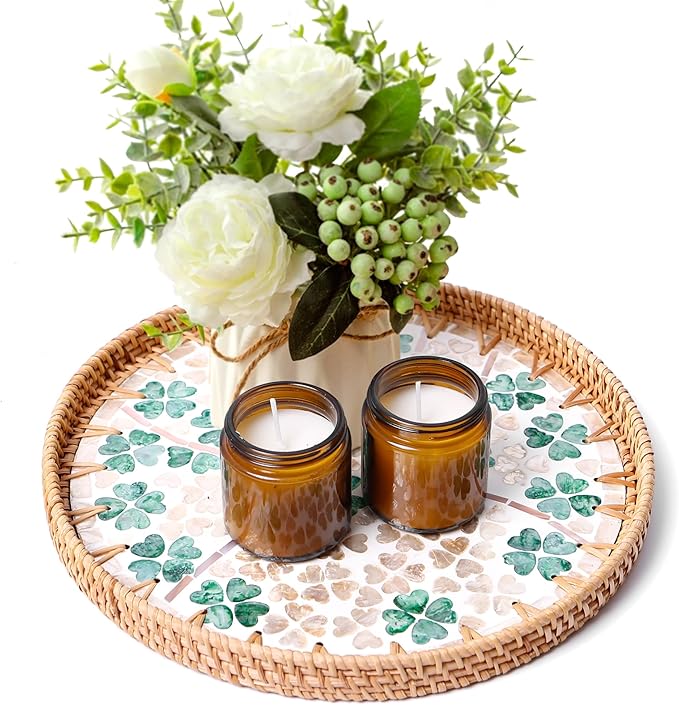 Round Rattan Tray with Mother of Pearl Inlay & Wooden Base - Decorative Wicker Serving Tray for Coffee/Bread/Fruits, Food Storage & Display - Multipurpose Home Decor (M,Four-Leaf Clover)-Ruum Studio Home