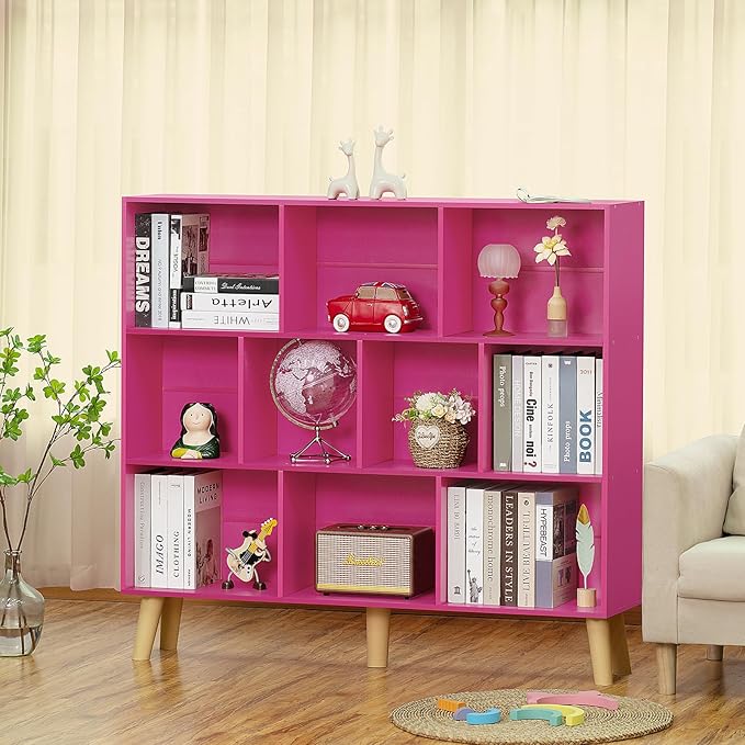 LEYAOYAO 10 Cube Bookshelf,3 Tier Modern Wide Bookcase with Legs,Mid-Century Wood Bookshelves Storage，Pink Large Book Case,Freestanding Organizer Display Shelf for Bedroom,Living Room,Office-Ruum Studio Home