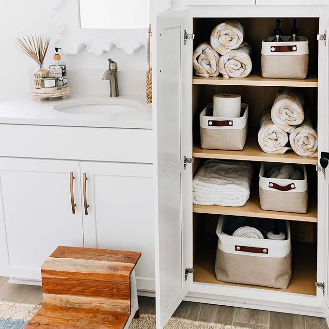OrganiHaus Small Fabric Storage Baskets for Shelves 6 Pack, 12x8in Closet Storage Bins for Shelves, Cloth Storage Bins, Linen Closet Organizers, Fabric Basket, Shelf Baskets for Organizing Beige/White-Ruum Studio Home