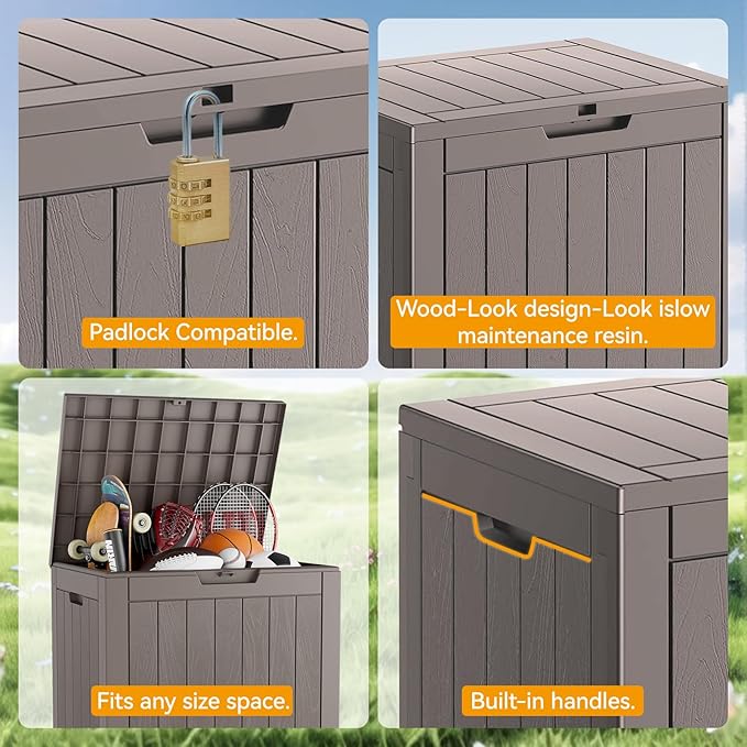 KAMABOKO Deck Box, 32 Gallon Resin Indoor and Outdoor Storage Boxes Waterproof for Garden Tools, Pool Accessories Storage Bench, Patio Furniture and Cushions with Lockable Lid, Grey-Ruum Studio Home