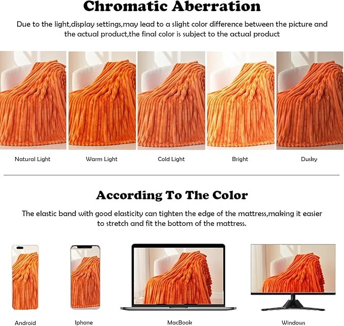 NEWCOSPLAY Super Soft Fall Queen Blanket Orange Premium Silky Flannel Fleece 3D Ribbed Jacquard Lightweight Bed Blanket All Season Use (Orange Ribbed, Queen(90"x90"))-Ruum Studio Home