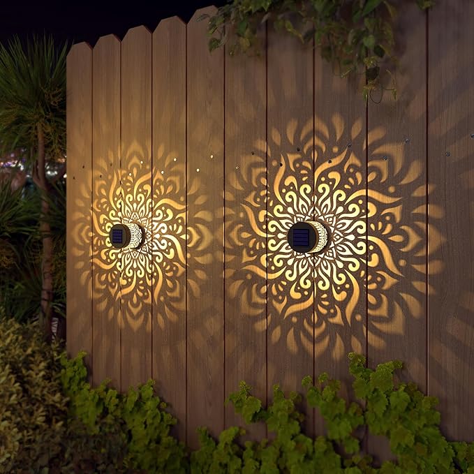 2 Pack Solar Fence Lights Metal Solar Powered Outdoor Deck Step Wall Lights Mandala Theme Waterproof Fence Light for Garden Post Patio Backyard Yard Decor (2 Pack)-Ruum Studio Home