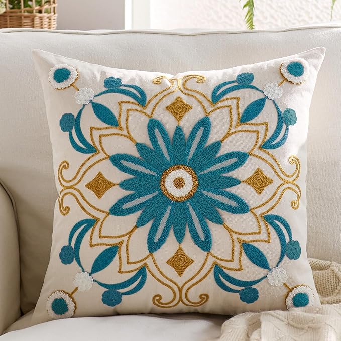 Embroidered Throw Pillow Cover 18x18 Classic Boho Floral Pattern Pillows Cover Outdoor Decorative Pillowcase,Durable Cozy Textured Cushion Case for Sofa Couch Bed Living Room,Teal-Ruum Studio Home