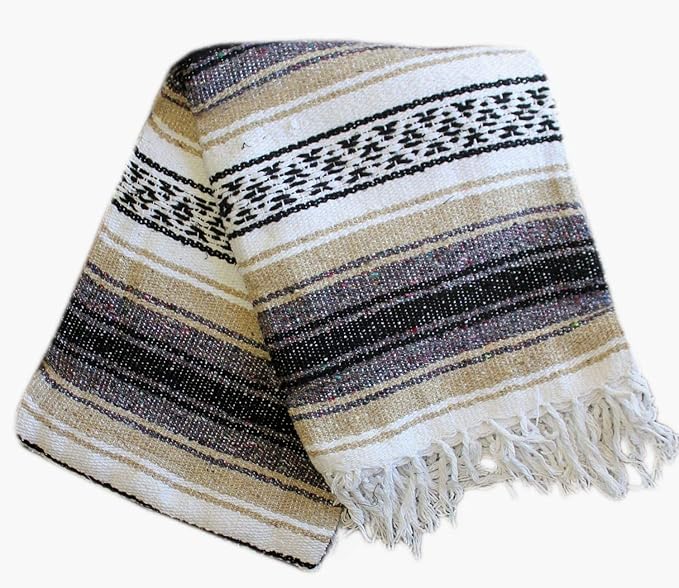 Del Mex Classic Mexican Blanket, Large Authentic Woven Falsa Throw (70"x50"), Artisan Southwest Décor for Beach, Yoga, Outdoors (Tan)-Ruum Studio Home
