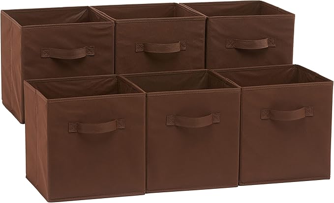 Amazon Basics Cube Organizer Storage Bins Handles, Collapsible Fabric, Pack of 6, 10.5"x10.5"x11", Brown-Ruum Studio Home