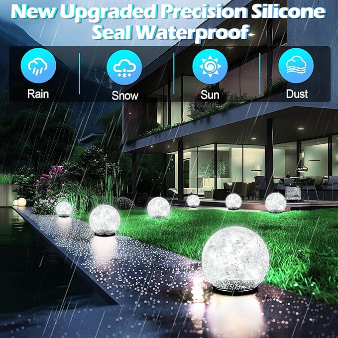 Garden Solar Ball Lights Outdoor Waterproof, 80 LED Cracked Glass Globe Solar Power Ground Lights for Path Yard Patio Lawn, Outdoor Decoration Landscape White (2 Pack 5.9'')-Ruum Studio Home