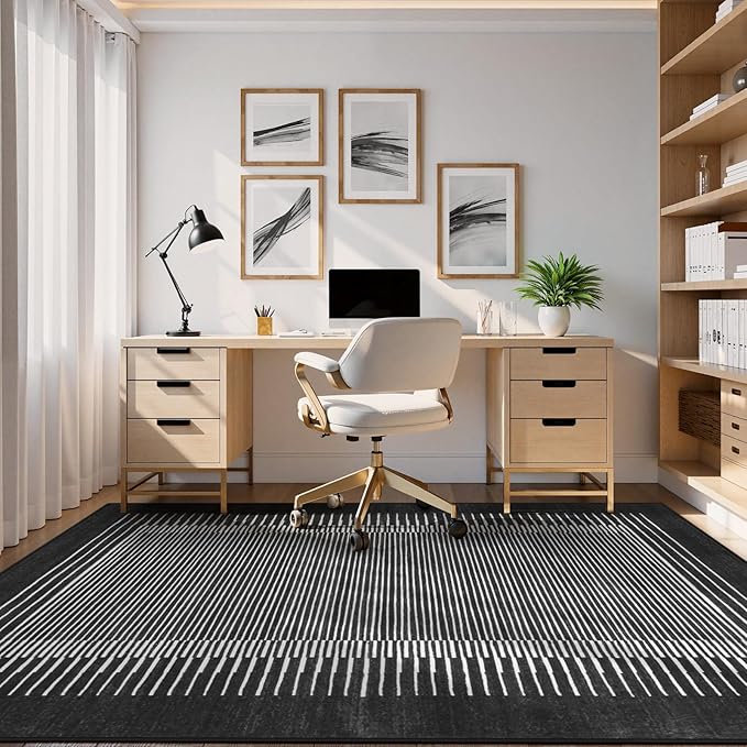 Wonnitar Washable Striped 5x7 Washable Area Rug, Non-Slip Black Berber Stripe Rugs for Living Room, Low Pile Minimalist Floor Carpet Rugs for Bedroom Dining Room Home Office (Black,5' x 7')-Ruum Studio Home