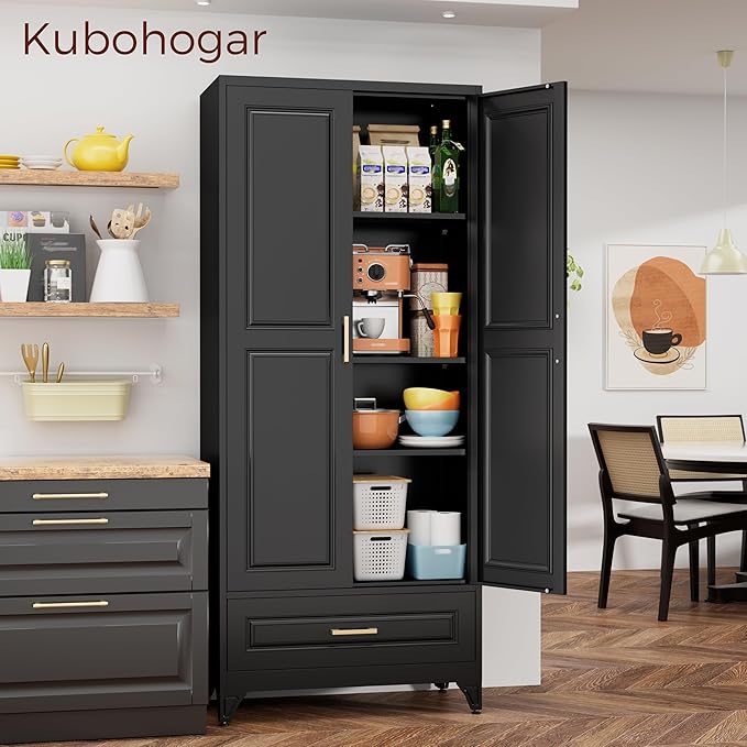 75" Kitchen Pantry Cabinet with Drawer, Metal Storage Cabinets with Doors and Adjustable Shelves, Black Tall Pantry Cabinet for Dinning Living Room, Home Office-Ruum Studio Home