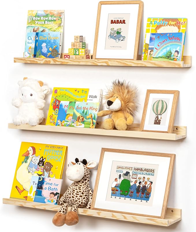 Picture Ledge Shelf for Wall, 36 inches Solid Pine Wood Nursery Book Shelves 3 Packs, Floating Ledge Shelves for Kids' Room Bedroom Bathroom Living Room Photo Frames Office Nursey Wall Decor, Natural-Ruum Studio Home
