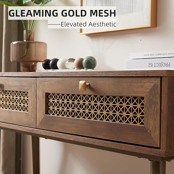 Narrow Sofa Table with Two Drawers and Shelf, Modern Style Wooden Console Table for Living Room, Entryway, Hallway, Rustic Oak-Ruum Studio Home