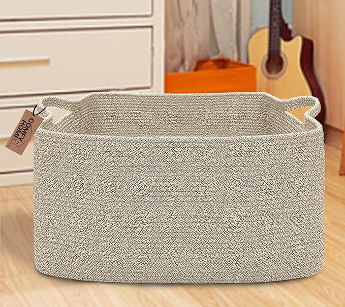 COMFY-HOMI Large Rectangular Blanket Basket, Woven Cotton Rope Baskets for Storage, Laundry Hamper Basket, Storage Bin,Toy Organizing Bin with Handle, Organization and Storage-22x15x12”-Brown-Ruum Studio Home