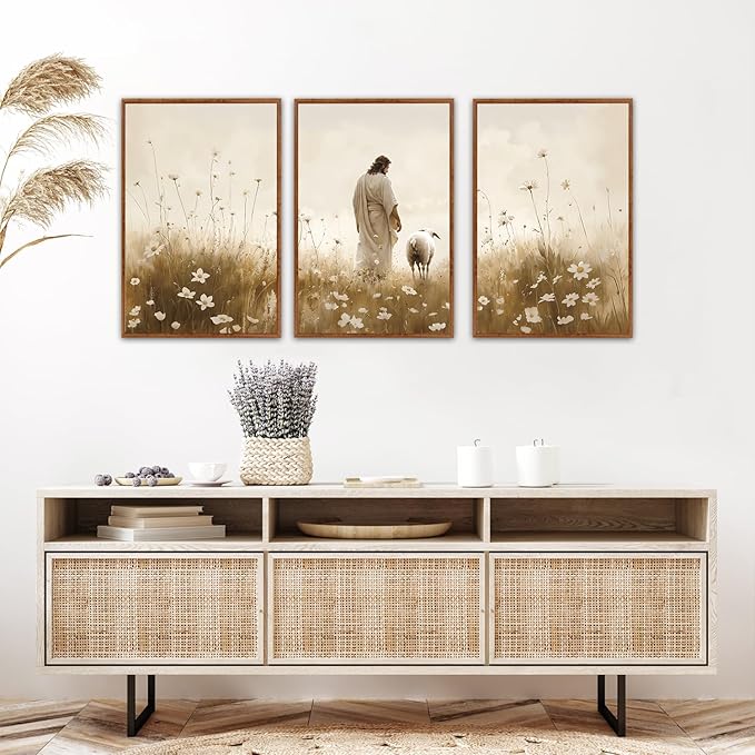 KAIRNE Jesus Framed Canvas Wall Art,Lost Sheep Wall Decor Set of 3(16”X24”),Holy Christian Art Print,Religious Scripture Pictures,Bible Renaissance Wall Painting for Living Room,Bedroom,Church Decor-Ruum Studio Home