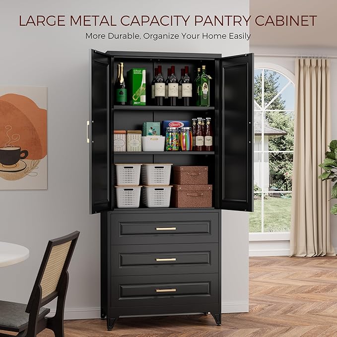 75" Kitchen Pantry Cabinet, Metal Storage Cabinets with Doors and Adjustable Shelves, Black Tall Pantry Cabinet with 3 Drawers for Dinning Living Room-Ruum Studio Home
