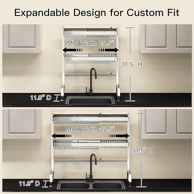3 Tier Extra Large Stainless Steel Expandable Over The Sink Dish Drainer Drying Rack, Rust Proof Metal, Space Saving, Modern Silver Big Capacity Extendable Plate Strainers Above Kitchen Counter-Ruum Studio Home