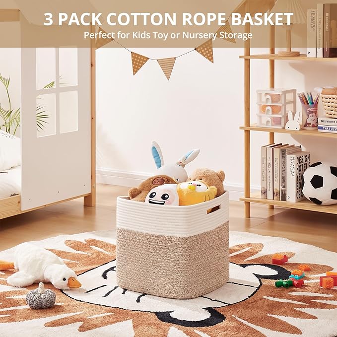 OIAHOMY 13 Kallax Inch Cube Storage Bins, 3-Pack Cotton Rope Woven Baskets for Organizing, Kallax Insert Storage Baskets for Shelves, Baby Nursery, Closet Organizer, 13*13*12.6IN, Brown & White-Ruum Studio Home