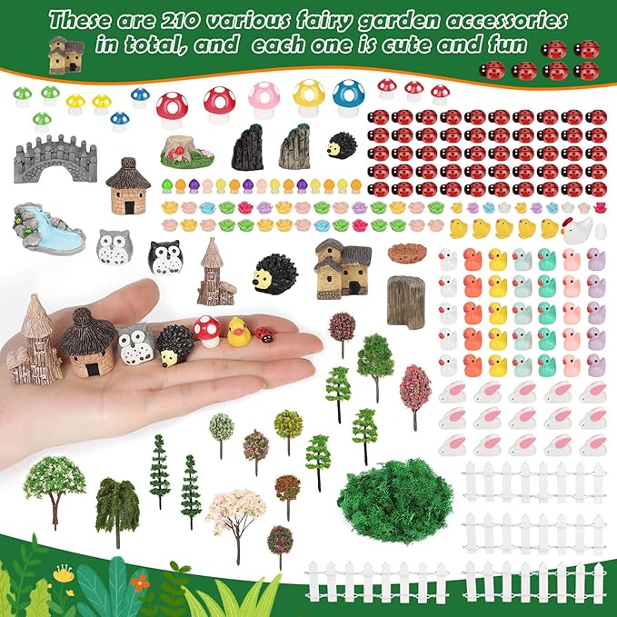 Thrilez 210 Pieces Miniature Fairy Garden Accessories, Including Resin Animals, Miniature Figurines, Micro Landscape Ornaments Kit, Fake Diorama Trees for Fairy Garden Decor-Ruum Studio Home