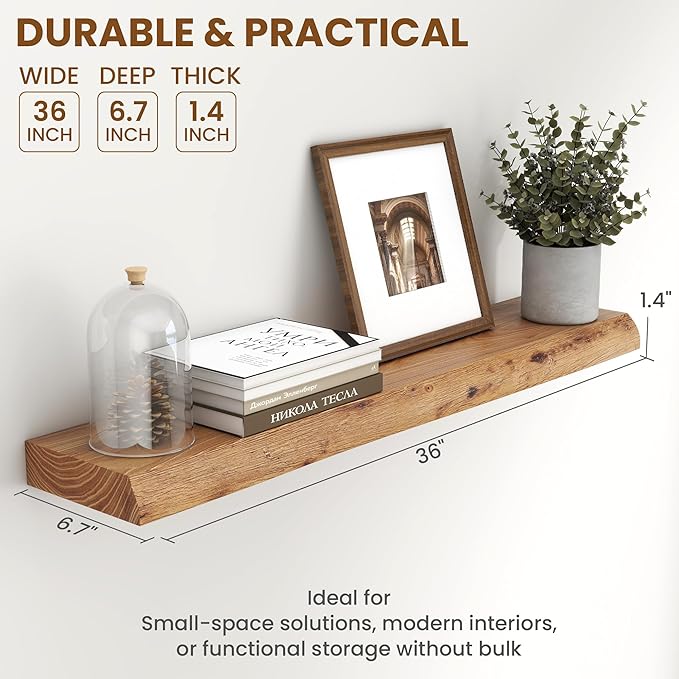 Solid Elm Wood Floating Shelves, 36 Inch Wood Floating Shelves for Wall, Live Edge Wooden Shelves Wall Mounted for Books, Bathroom, Kitchen, Natural Color, Set of 2-Ruum Studio Home