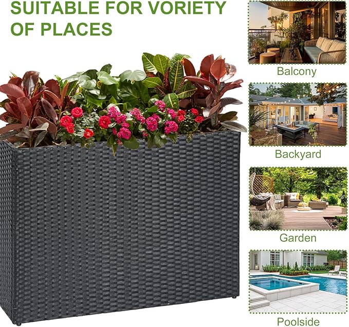 LEWIS&WAYNE Large Rectangular Block Planter Box Handmade Wicker Tall Planters for Outdoor Plants with Removable Liners Modern Planter for Indoor Outdoor Patio Deck - Black, 38''x11''x30''-Ruum Studio Home