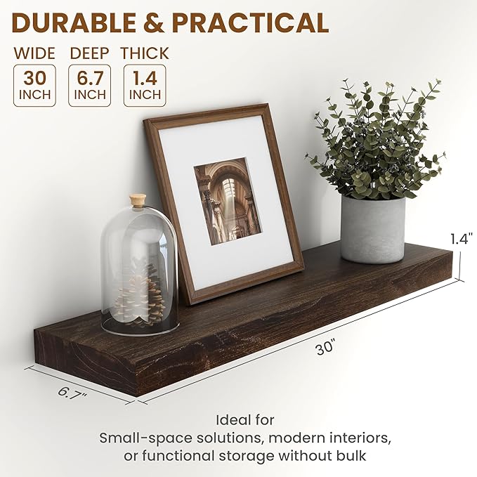 Rustic 30" Floating Shelves, Real Elm Wood Floating Shelf for Wall, Heavy-Duty Wall Shelves for Books, Wooden Floating Shelves with Invisible Bracket for Bathroom, Kitchen, Walnut Color, Set of 2-Ruum Studio Home