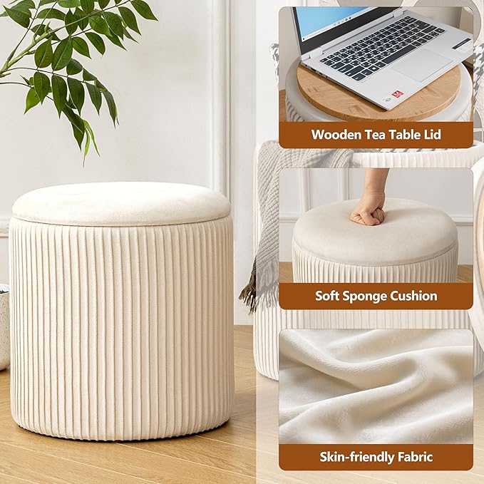 Ottoman with Storage Set of 2, Velvet Storage Ottoman, Upholstered Sponge Vanity Stool Support 300lbs, Multifunctional Coffee Table Foot Rest Ottomans for Living Room Bedroom, Beige-Ruum Studio Home