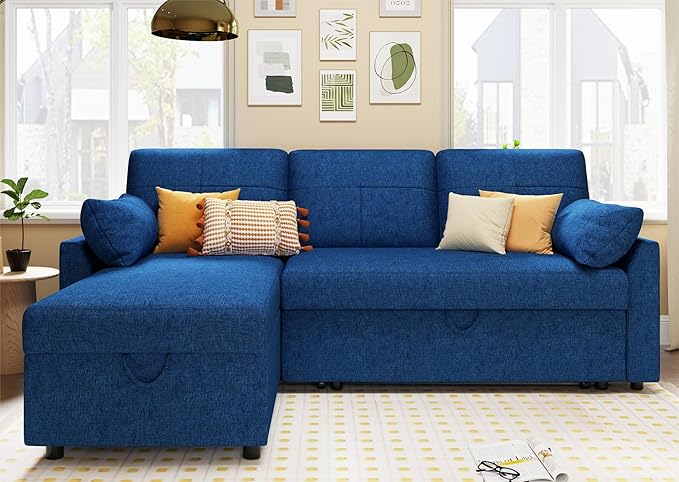 VanAcc Sleeper Sofa - 2 in 1 Pull Out Couch Bed with Storage Chaise for Living Room, Linen Blue-Ruum Studio Home