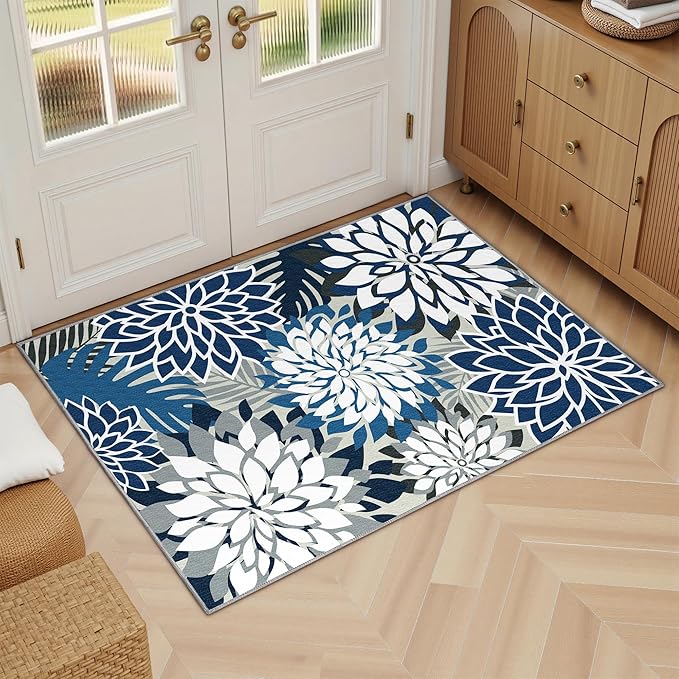 Area Rug 2x3 Blue White Washable Entry Small Rug Multicolored Tropical Botanical Modern Floral Indoor Kitchen Door Mat Entrance Carpet Non Slip for Bedroom Living Room, Porch-Ruum Studio Home