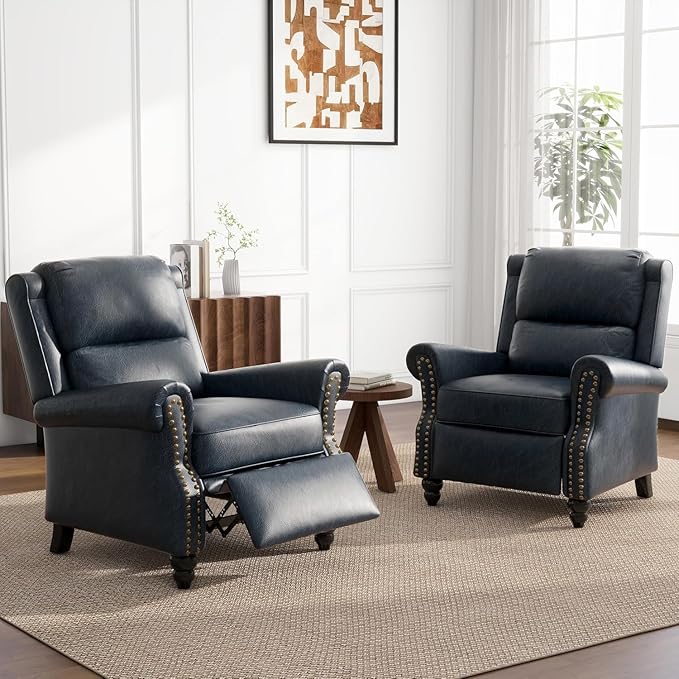 UIXE Pushback Recliner Chair, Faux Leather Armchair Overstuffed Accent Chair for Living Room, Rivet Trim Club Chair Home Theater Single Sofa Bedroom Side Reading Seat - Navy Blue-Ruum Studio Home