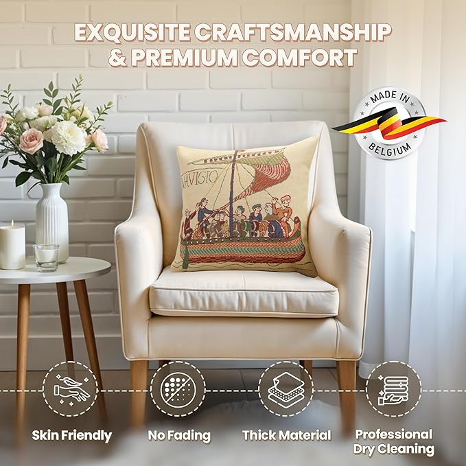 Charlotte Home Furnishings Bayeux Navigo Throw Pillow Cover 16" x 16" – Medieval Ship Decorative Tapestry Cushion Case for Sofa, Couch, & Bed | Cotton Jacquard Woven in Europe | Insert Not Included-Ruum Studio Home