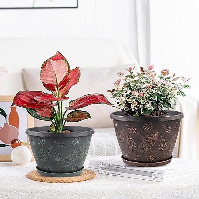 11 inch Plant Pot Set of 3, Plastic Flower Pots with Drainage Hole & Tray, Decorative Round Planters for Indoor Plants, Modern Outdoor Home Flowers Plants Garden Pots (Green)-Ruum Studio Home