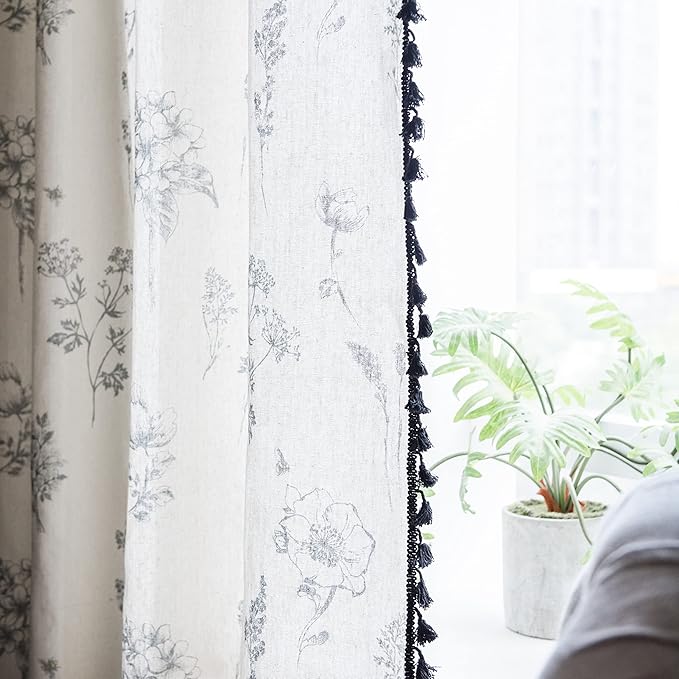 Sutuo Home Boho Curtain with Handmade Tassels, Rod Pocket Window Treatment Vintage Rustic Bohemian French Farmhouse Semi-Blackout Print Drape for Bedroom, 1 Panel 59" W x 84" L,Grey Floral-Ruum Studio Home
