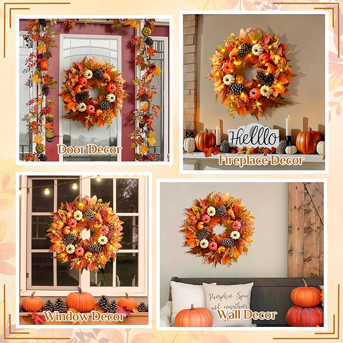 Fall Decor - Fall Wreaths for Front Door Outside, 20 Inch Fall Door Wreath, Handcrafted Autumn Wreath with Colorful Pumpkins Maple Leaves, Fall Decorations for Home Front Door Porch Thanksgiving Decor-Ruum Studio Home