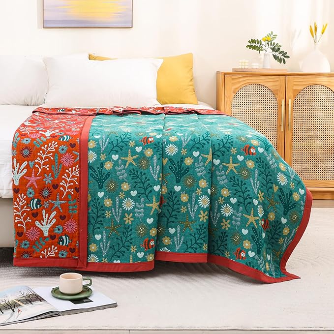 Boho Throw Blanket, 100% Organic Cotton Skin-Friendly Breathable Ultra Soft Bed Quilt Throw - All Season Blue & Red FishFarmhouse Decor Blanket for Sofa Couch Chair and Gift. 60" x 80"-Ruum Studio Home