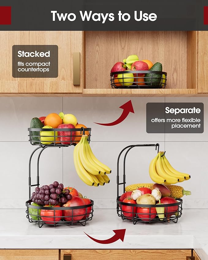 Fruit Basket for Kitchen Counter - 2-Tier Large Capacity Fruit Bowl with Detachable Banana Hanger, Rust-Proof Metal Fruit Holder for Vegetables, Bread, Toiletry,10" D x 10" W x 14" H, Black-Ruum Studio Home