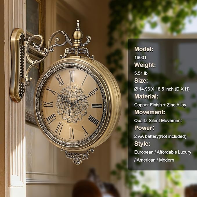 Large Vintage Double Sided Wall Clock with Glass & Metal, Roman and Arabic Numerals, Silent Non-Ticking Battery Operated Antique Clock for Living Room, Office, Hallway Decor (15x18.5 Inch)-Ruum Studio Home