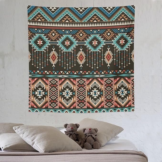 HZOHNAGO Aztec Tapestry Turquoise Blue and Brown and Native American Tribal Pattern Printed Wall Tapestry Wall Hanging for Bedroom Living Room Dorm 60" W x 60" H-Ruum Studio Home